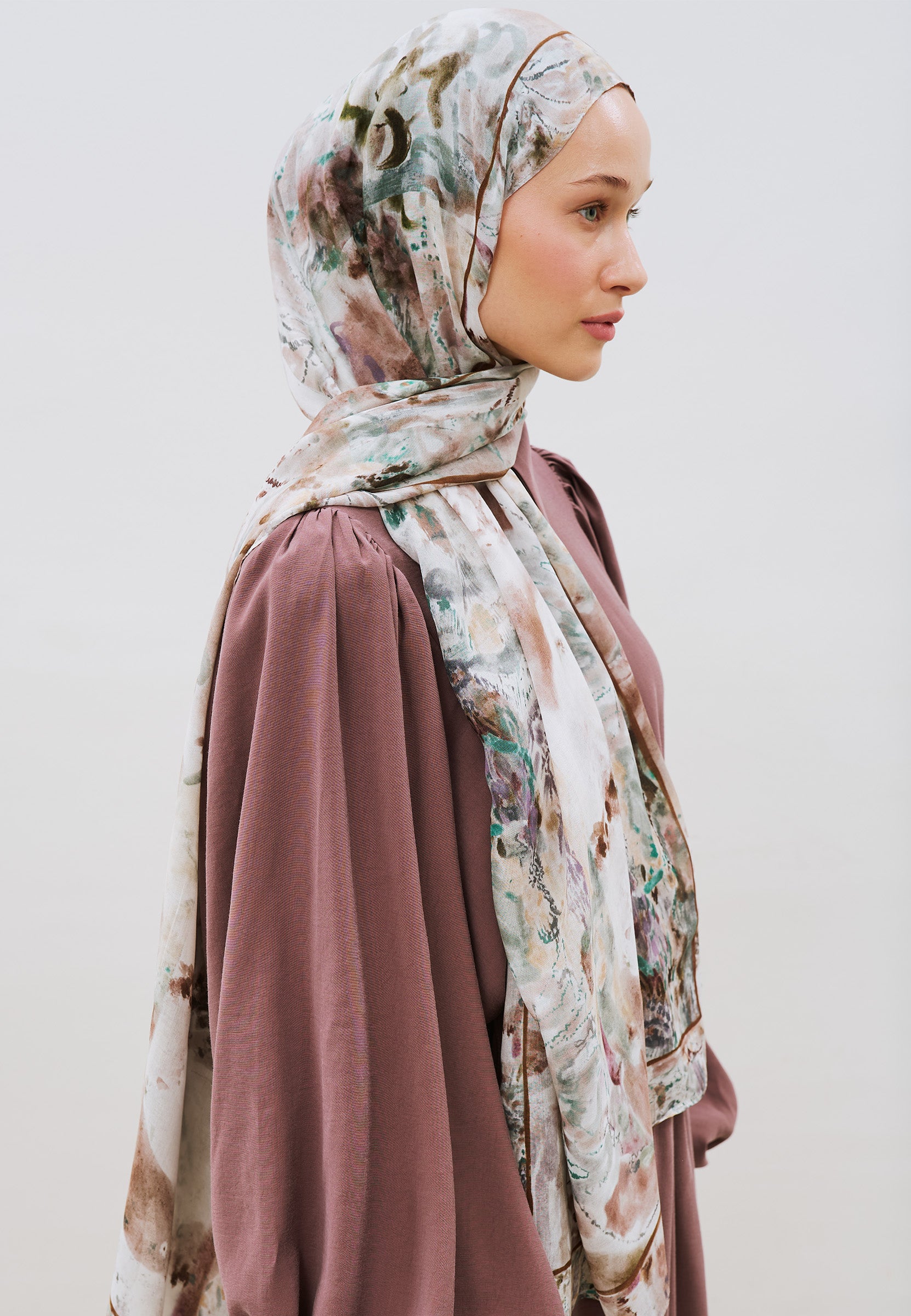 Floral Symphony Desen Rami Viskon Şal Toprak