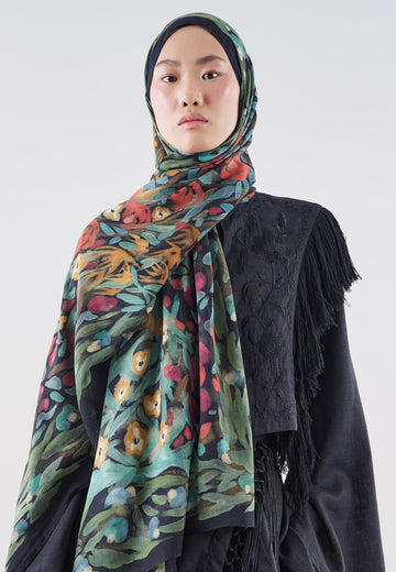 Floral Whimsy Desen Rami Viskon Şal Siyah