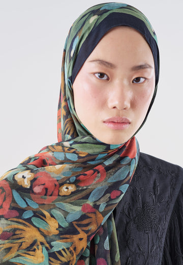 Floral Whimsy Desen Rami Viskon Şal Siyah