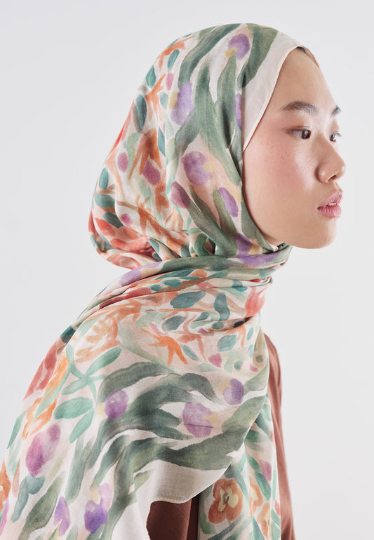 Floral Whimsy Desen Rami Viskon Şal Kırmızı