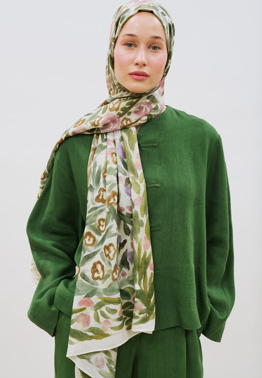Floral Whimsy Desen Rami Viskon Şal Yeşil