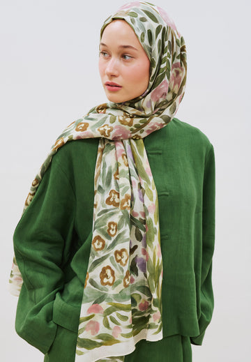 Floral Whimsy Desen Rami Viskon Şal Yeşil