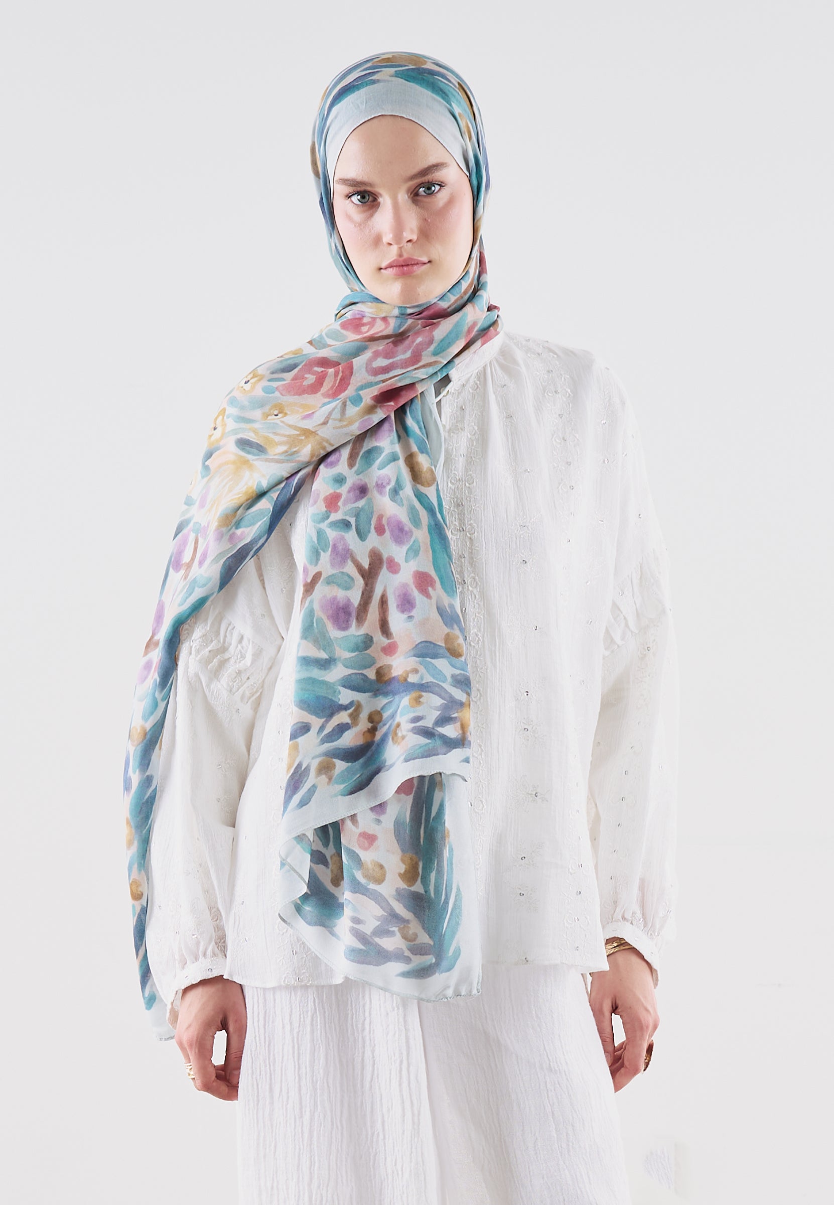 Floral Whimsy Desen Rami Viskon Şal Soft Mavi