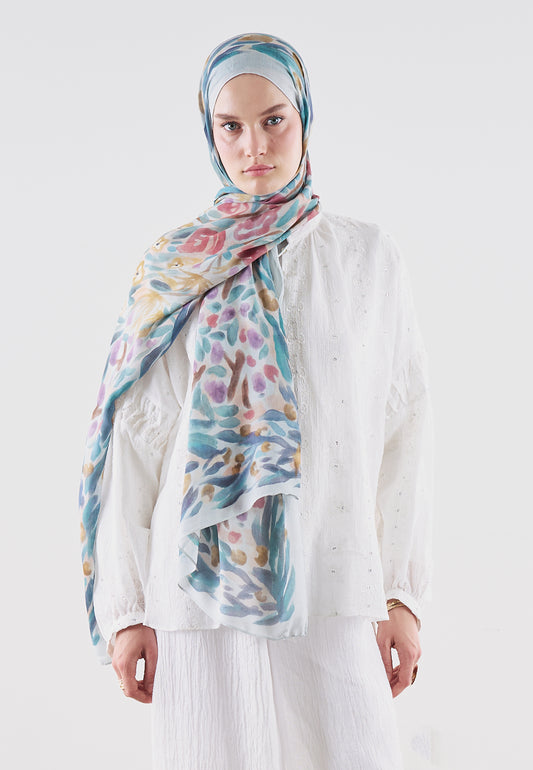 Floral Whimsy Desen Rami Viskon Şal Soft Mavi