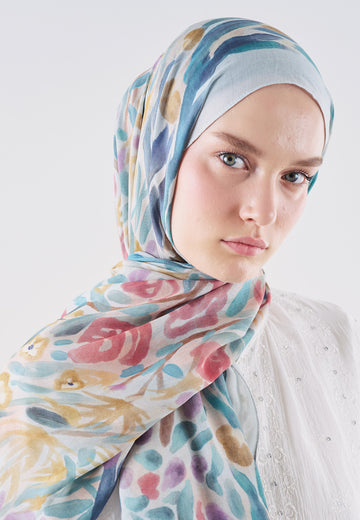 Floral Whimsy Desen Rami Viskon Şal Soft Mavi