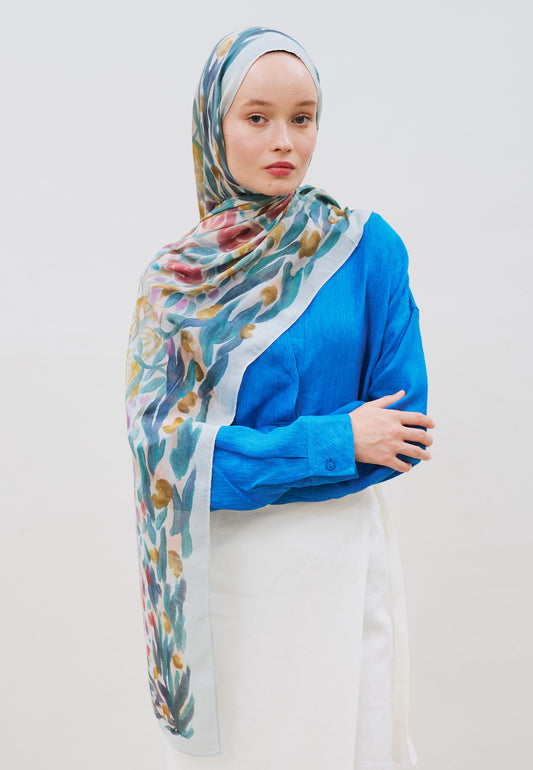 Floral Whimsy Desen Rami Viskon Şal Soft Mavi