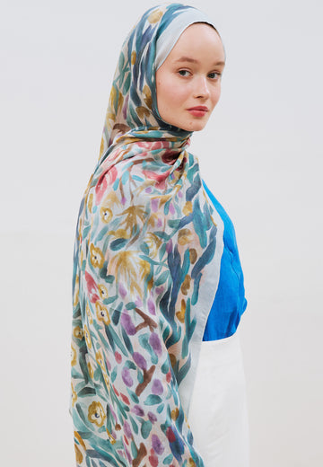 Floral Whimsy Desen Rami Viskon Şal Soft Mavi