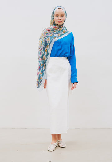 Floral Whimsy Desen Rami Viskon Şal Soft Mavi