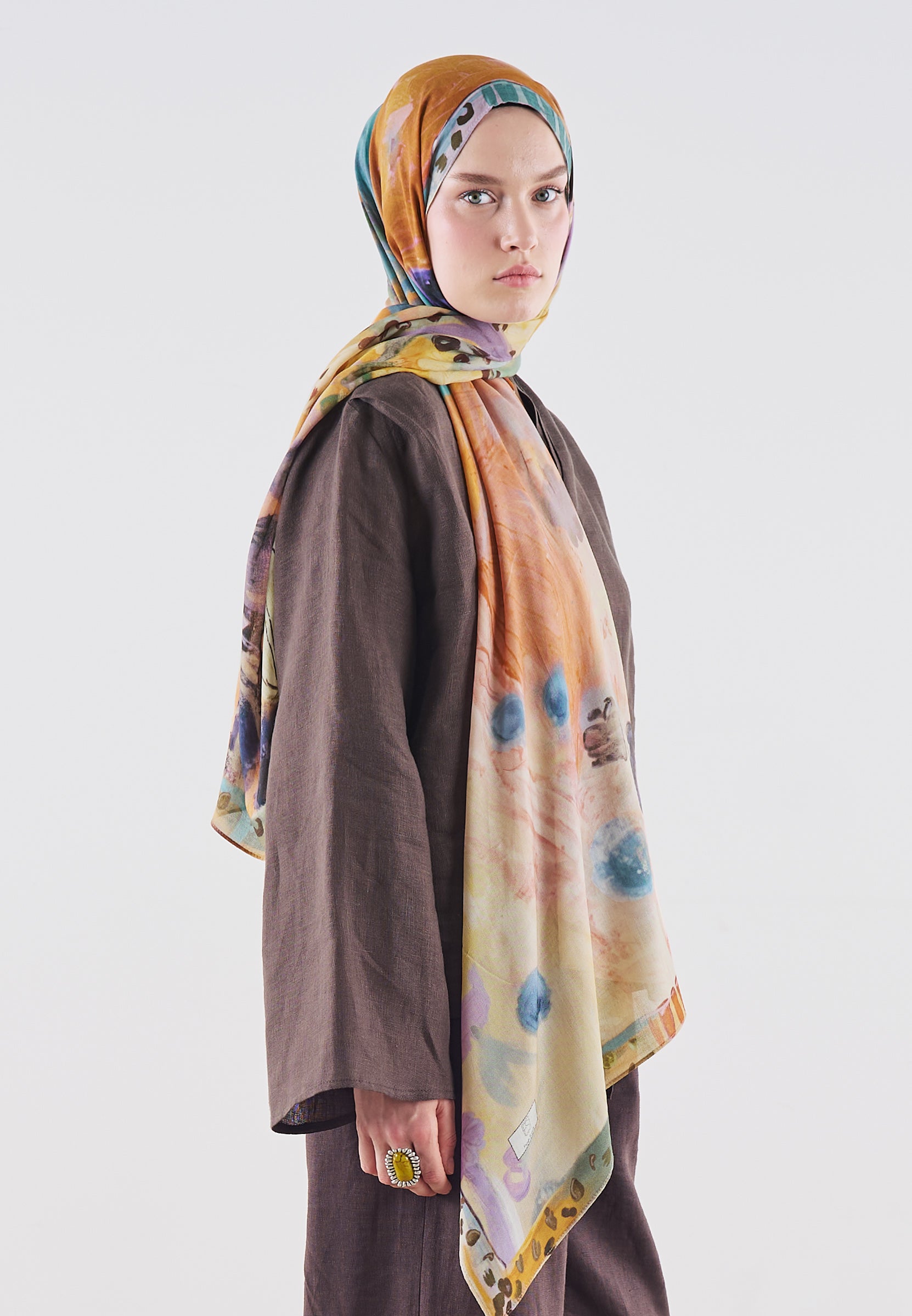 Playful Palette Desen Rami Viskon Şal Somon
