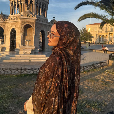 Ethnic Blossom Desen Soft Viskon Şal Çikolata Kahve