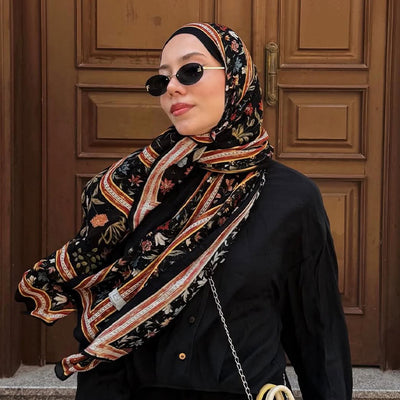 Flora Echo Desen Soft Viskon Şal Siyah