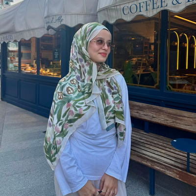 Floral Whimsy Desen Rami Viskon Şal Yeşil