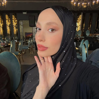 Strass Taşlı İpeksi Şal Siyah Gümüş