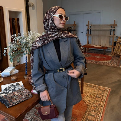 Floral Paısley Desen Şal Koyu Mürdüm