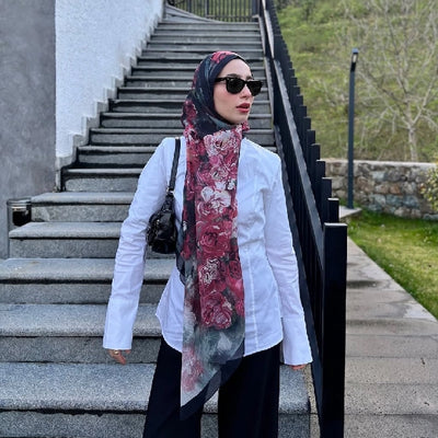 Love In Bloom Desen Vual Şal Siyah