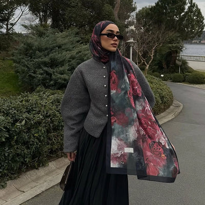 Love In Bloom Desen Vual Şal Siyah