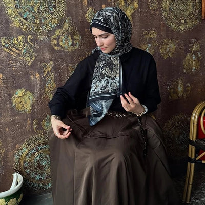 Dark Bohemy Desen İpek Krep Şal Siyah