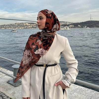 Leone Desen İpek Krep Şal Bakır